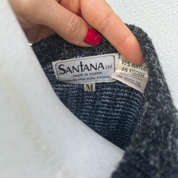 Vintage sweater 80s sz M blue & black geo print Santana dad sweater Grandpa core - Picture 7 of 9